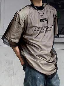 Claim Dot 男士字母印花网眼拼接圆领短袖休闲T恤 - 卡其色 - 查看 1