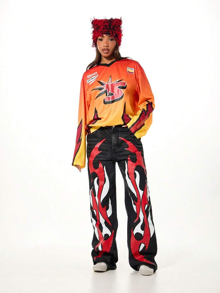 SUMWON WOMEN Flame Gradient Moto Racing Jersey With Graphic Print