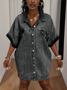 Slaydiva 大码女式翻领单排扣时尚街头风派对牛仔连衣裙 - 黑色 - 查看 1