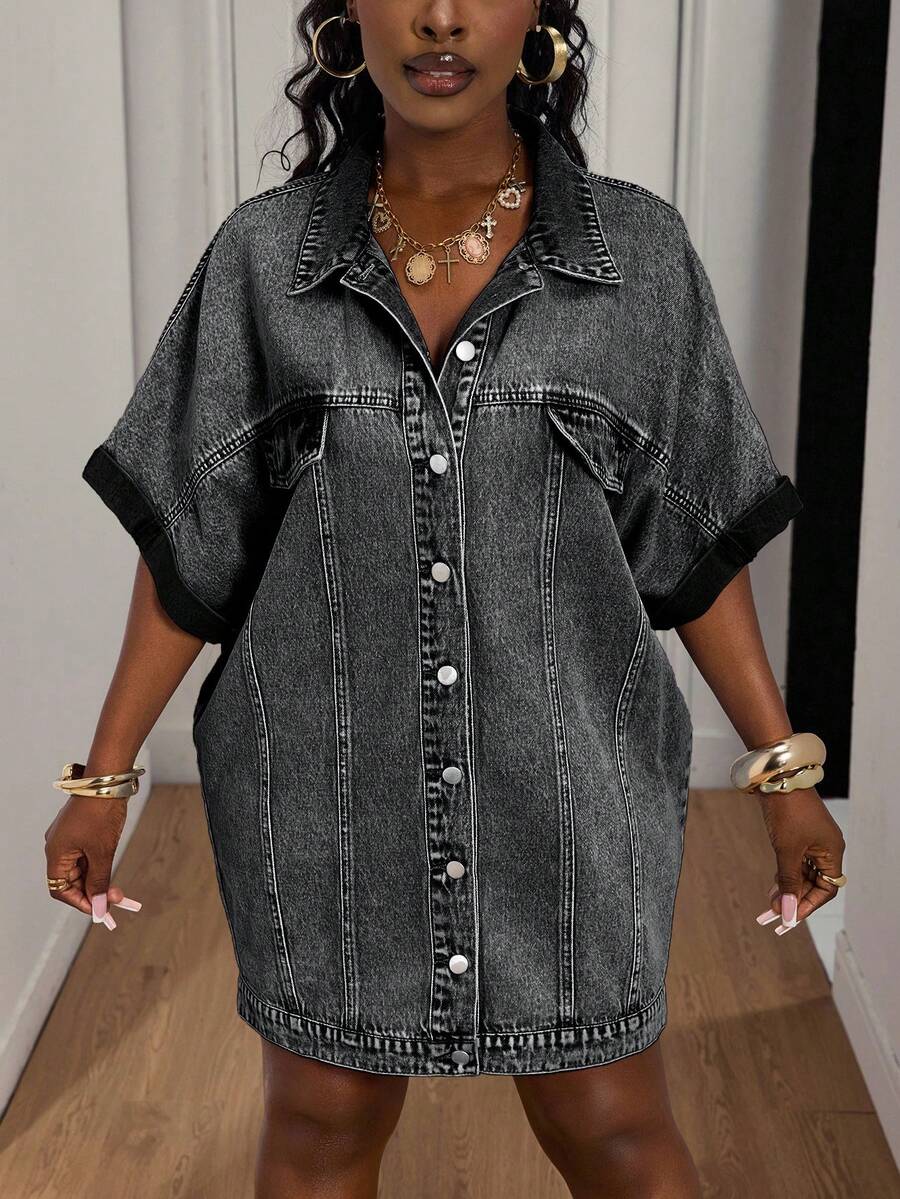 Slaydiva 大码女式翻领单排扣时尚街头风派对牛仔连衣裙 - 黑色 - 查看 1