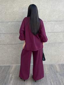 Hitanina 2 件套女士混纺侧开衩宽松衬衫和高腰阔腿裤优雅商务休闲女装 - 酒紅色 - 查看 2