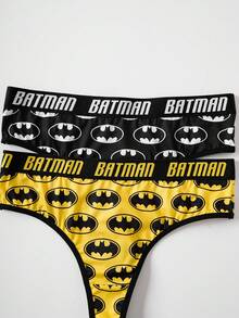 BATMAN X SHEIN Women's Comfortable Soft Bat & Letter Print Thong Panties - Yellow - View 3