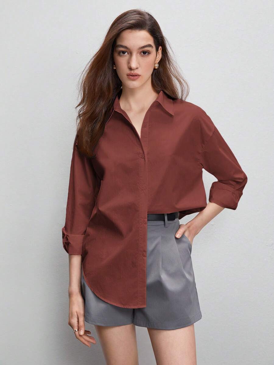 BizChic 女士纯色翻领长袖衬衫,挺括有型,都市通勤必备单品,简约优雅时尚商务休闲风,适合教师及办公室穿着,优雅女式衬衫 - 棕色 - 查看 1