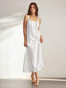 Ocili Women's Solid Color Contrast Lace Single-Breasted Nightgown - White - View 2