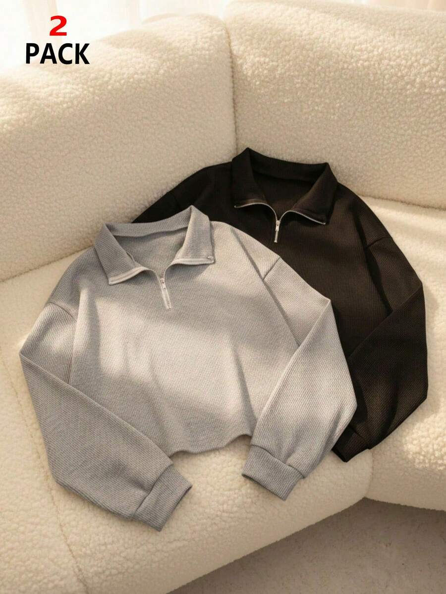 SHEIN 少女简约百搭半拉链翻领衬衫，适合日常休闲穿着、购物和居家搭配