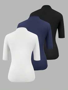 INAWLY Camiseta de mujer de unicolor, cuello alto, casual y versátil de manga corta - Multicolor - Ver 2