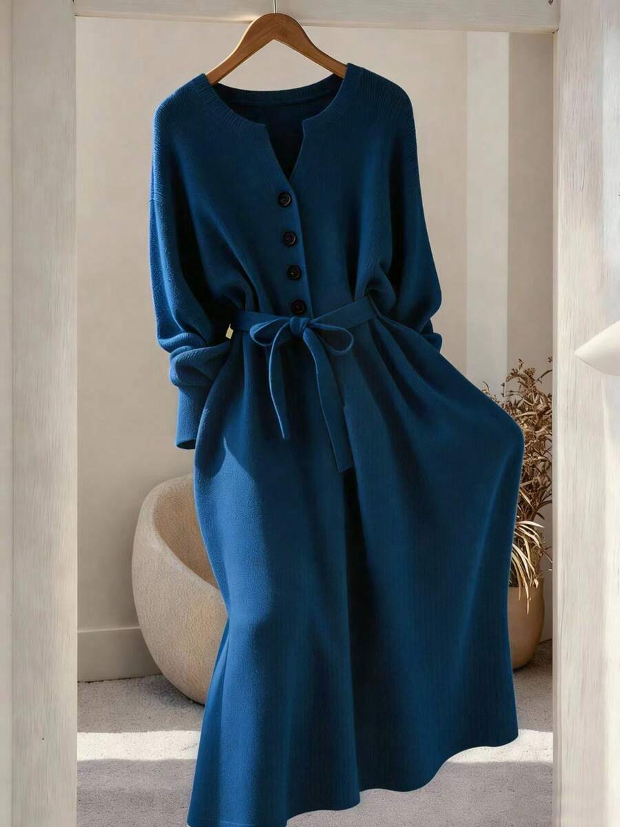 GlowEve CURVE Plus Size Elegant Solid Color Front Button Closure Dress, Autumn/Winter - Blue - View 1