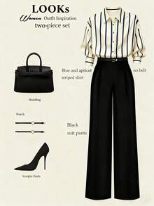 Franclia 女士条纹翻领单排扣长袖衬衫和阔腿裤通勤套装 - 杏色 - 查看 1