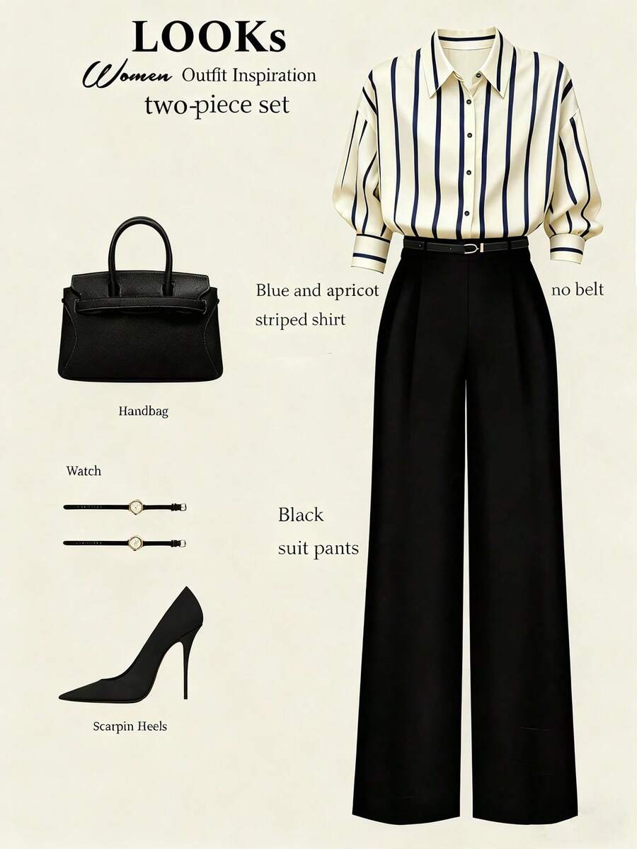 Franclia 女士条纹翻领单排扣长袖衬衫和阔腿裤通勤套装 - 杏色 - 查看 1