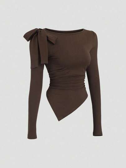 SHEIN PETITE Women's New Casual Round Neck Solid Coffee Brown Bow Decor Asymmetric Hem Ruched Long Sleeve T-Shirt, Suitable For Spring, Summer And Autumn Commuting And Outdoor Wear
