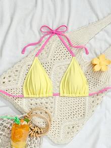 Swim Mod 春夏新款甜美纯色吊带背心文胸，性感三角罩杯比基尼，小胸百搭吊带内衣，露背吊带文胸，三件套泳衣，优雅女士比基尼泳装上衣，适合海滩、泳池、生日派对等场合 - 彩色 - 查看 5