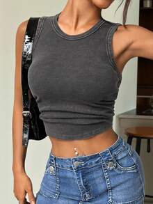 SHEIN x Marika Sila SHEIN EZwear Áo tank top nữ kiểu vintage, màu xám trơn, xếp ly. - Xám - Xem 3