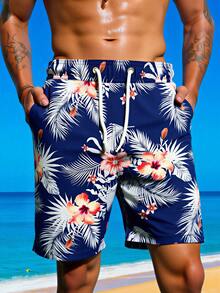 Surfspeed 男士热带印花休闲沙滩短裤，夏威夷度假风短裤，花朵图案，夏日夏威夷风情 - 藏蓝色 - 查看 2
