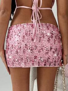 TRNVIE Chân váy ngắn ôm sát đính sequin thời trang - Hồng - Xem 2