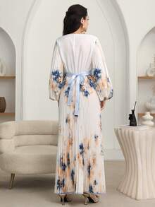 Al Najma Vestido Longo de Manga Comprida com Decote em V e Estampa Floral em Estilo Árabe para Mulheres