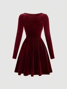 SHEIN MOD Black Velvet Pearl Collar Long Sleeve Dress - Burgundy - View 2