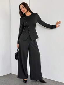 SHEIN PETITE 女士优雅通勤日常百搭街头时尚新款不对称翻领纽扣腰长袖西装外套搭配高腰长裤卡其灰色两件套套装，春夏皆宜，适合春夏季节穿着。 - 黑色 - 查看 6