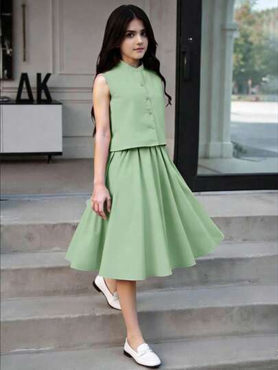 Tween Girl Solid Color Mandarin Collar Sleeveless Casual T-Shirt Set