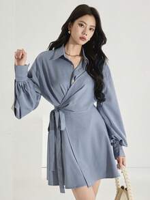 Heiryn Women's Solid Color Minimalist Long Sleeve Mini Dress, Casual Everyday Wear - Baby Blue - View 5