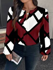 EMERY ROSE 优雅浪漫新年氛围几何印花大码女式衬衫，适合秋冬季节，秋季女式衬衫，外套，女士优雅新年装扮，红色上衣，情人节，派对，春季派对服装 - 彩色 - 查看 6