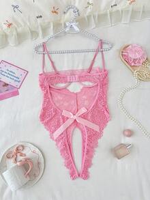 SHEIN Valentine's Day Women's Pink Sweet Sexy Backless Bow Decor Sexy Jumpsuit - Pink - View 2