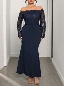 Modelyn Vestido longo de manga comprida, ombros à mostra, elegante, com glitter e lantejoulas, justo ao corpo, para mulheres plus size, adequado para uso em festas, passeios e reuniões familiares - Azul - Visão 5