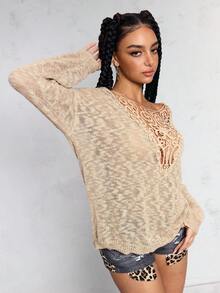 ROMWE Avant Women's Vacation Hippie Sheer Contrast Lace Knit Sweater - Khaki - View 6