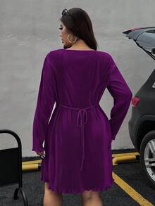 SHEIN EZwear 大码女式船领罗纹收腰休闲派对度假长袖连衣裙 - 紫色 - 查看 2