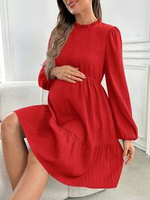 SHEIN Maternity Elegant Green Long Dress, Lantern Sleeve, High Slit Hem, Fitted Dress For Pregnant Women - Red - View 5
