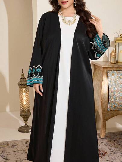 Al Najma 大码女式几何花卉刺绣长袖宽松阿拉伯长袍