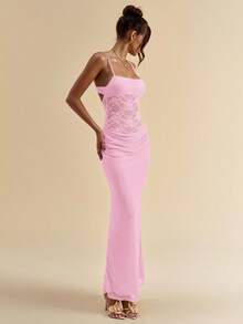 SHEIN BAE Váy ren chắp vá xếp nếp mỏng manh dành cho nữ mùa hè, dây mảnh cho tiệc tùng và ngày lễ - Màu Hồng baby - Xem 5