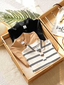 SHEIN Vintaside Kids Bộ 3 áo thun tay ngắn phong cách tối giản màu trơn cho bé trai, đen, trắng, xám carbon, thời trang và đa năng, thích hợp cho các hoạt động vui chơi ngoài trời, giải trí tại nhà, thể thao và thể hình, tiệc tùng, v.v. - Nhiều màu - Xem 4