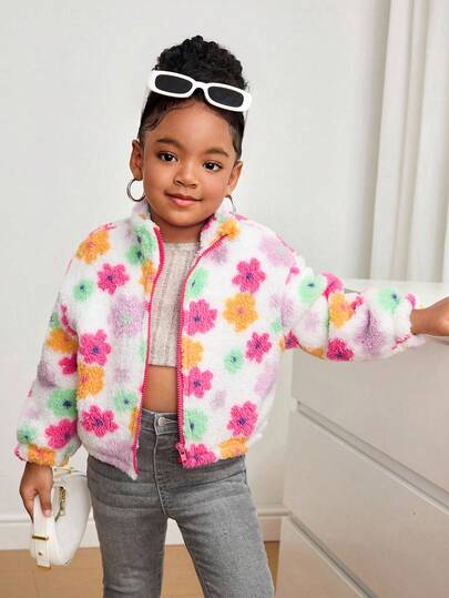 SHEIN 10pcs Colorful Floral Knitted Faux Fur Collar Loose Casual Jacket For Young Girls, Fall/Winter, Colors: Black, Blue, Green, Blue, Red, Pink