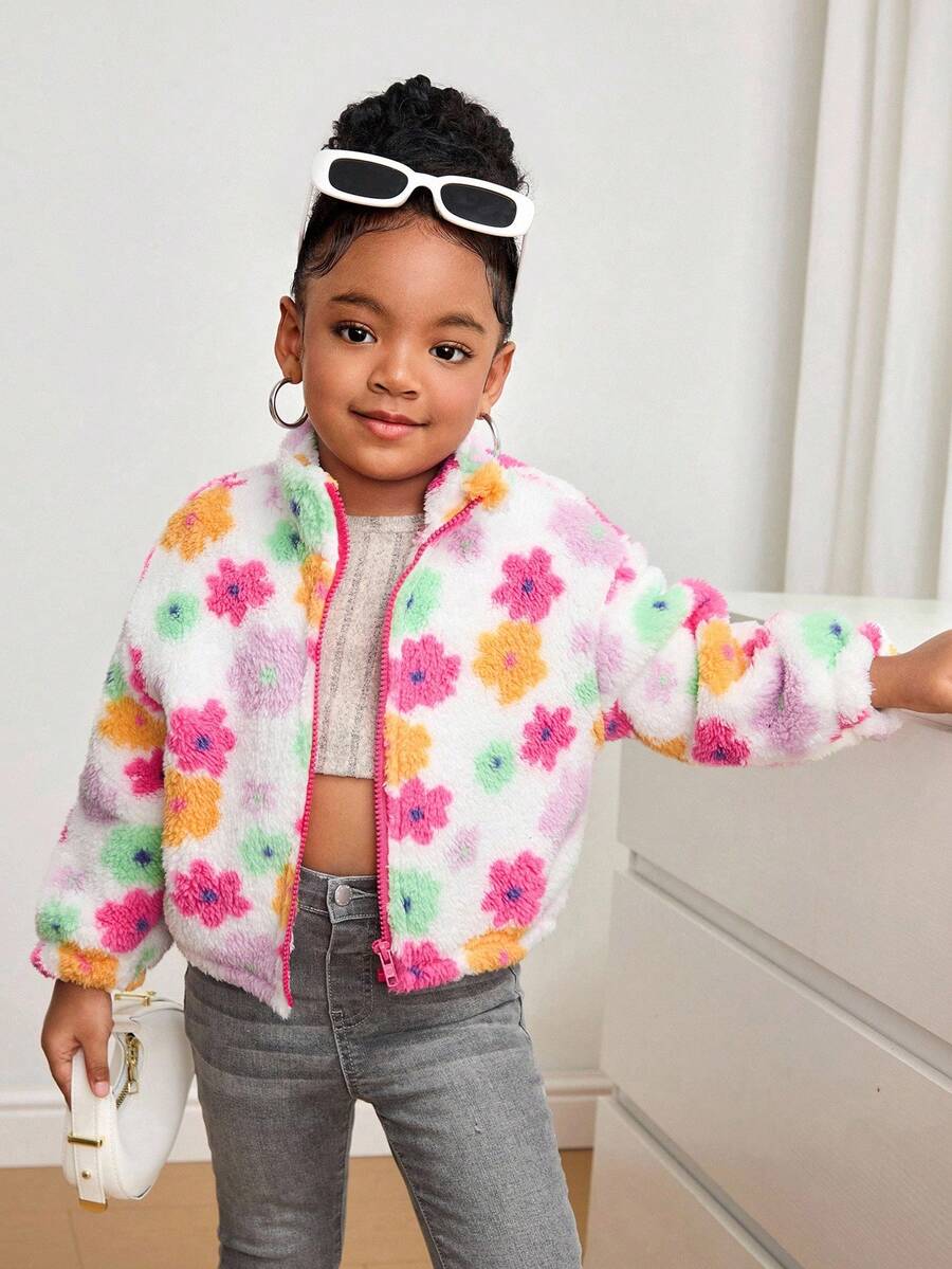 SHEIN 10 件彩色花卉针织仿毛领宽松休闲夹克，适合年轻女孩，秋冬，颜色：黑色、蓝色、绿色、蓝色、红色、粉色 - 玫紅色 - 查看 1