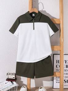 SHEIN Bộ 2 áo thun polo và quần short họa tiết khối màu tương phản thường ngày cho bé trai, thích hợp mặc đi làm, đi học, mặc thường ngày, thể thao, xuân/hè - xanh quân đội - Xem 2