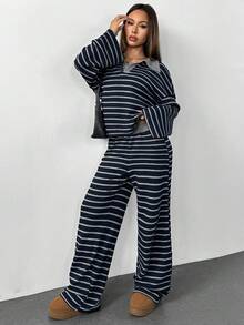 SHEIN PETITE Women's 2pcs Set Loose Striped V-Neck Drop Shoulder Long Sleeve T-Shirt &Elastic Waist Striped Pants, Winter Sweater Suit ,Autumn/Winter Two Piece Set Women Comfy Two Piece Set Two Piece Lounge Set Striped Two Piece Set Comfortable Two Piece Set - Multicolor - View 4