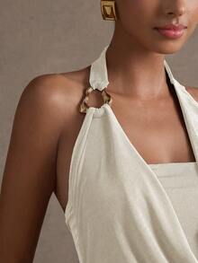 L'Amorae 女士优雅性感纯色喇叭领露背上衣 - 杏色 - 查看 2