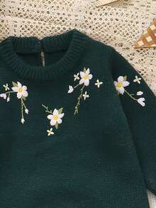 SHEIN 1pc Baby Green Romper With Embroidered Floral Decor, Crew Neck Long Sleeve Fashionable Sweater Jumpsuit Warm Jumpsuit For Baby Baby Sweater Romper Baby Girl Winter Sweaters Knitted Baby Girl Clothes Baby Knitwear Baby Set Autumn Winter Season Christmas Clothes For Baby Vintage Winter Baby Clothes Baby Layette Spanish Baby Clothes Baby Girl Clothes Green Floral Baby Clothes - Dark Green - View 3