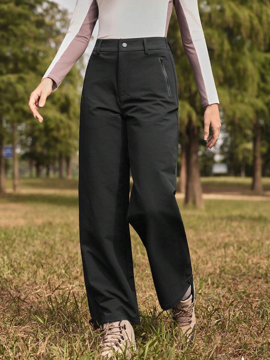 In My Nature Black Long Cargo Outdoor Pants For Women Woven Fabric Plain With Zipper - Black - View 1