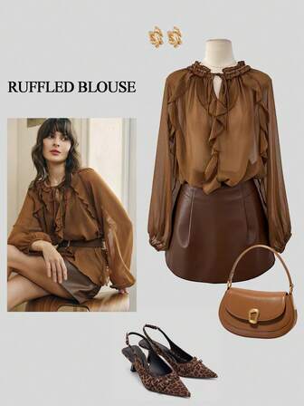 Cévolie Women's Tie Collar Patchwork Ruffle Lantern Sleeve Brown Chiffon Blouse