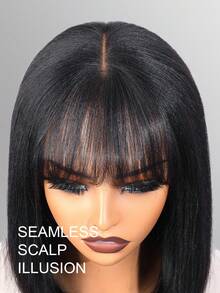 Yaki Straight Glueless Bob Wig Human Hair With Bangs 4x4 Transparent Lace Short Ready To Wear Bob Wigs Natural Looking 180% Density Black Color - Natural Black - View 5