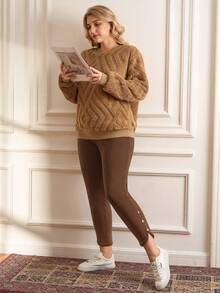 EMERY ROSE 大码女式高腰纯色保暖内衬纽扣装饰开衩裤脚修身休闲/工作裤，秋冬女式休闲裤，大码打底裤，棕色女式慢跑裤 - 棕色 - 查看 3