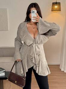 Vionelle Plus Size V-Neck Ruffled Flare Sleeve Waist Tie Casual Elegant French Style Women Knit Cardigan Dress Cardigan Curve Kimono Sweaters For Women Cardigan Brown Cardigan Knitted Cover Up - Khaki - View 3