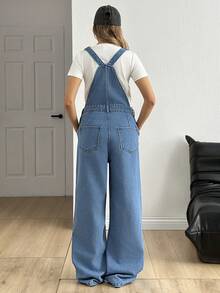 SHEIN Pocket Front Button Side Denim Overalls - Medium Wash - View 2