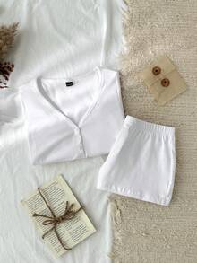 SHEIN EZwear 2 件套女士奶油白色休闲长袖上衣和短裤，干净的女孩风格，沙滩装，家居服，春假，秋冬，基本款分层单品，全年穿着，百搭百搭，柔软女孩风格，休闲修身 - 彩色 - 查看 4