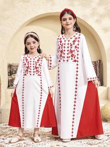 SHEIN Young Girl Print Color Block Long Sleeve A-Line Dress - White - View 5