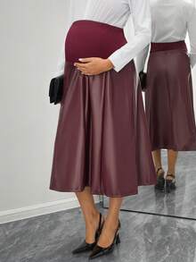 Momance Maternity Skirt With Belly Support, Ribbed & PU Leather Patchwork A-Line Skirt - Burgundy - View 3
