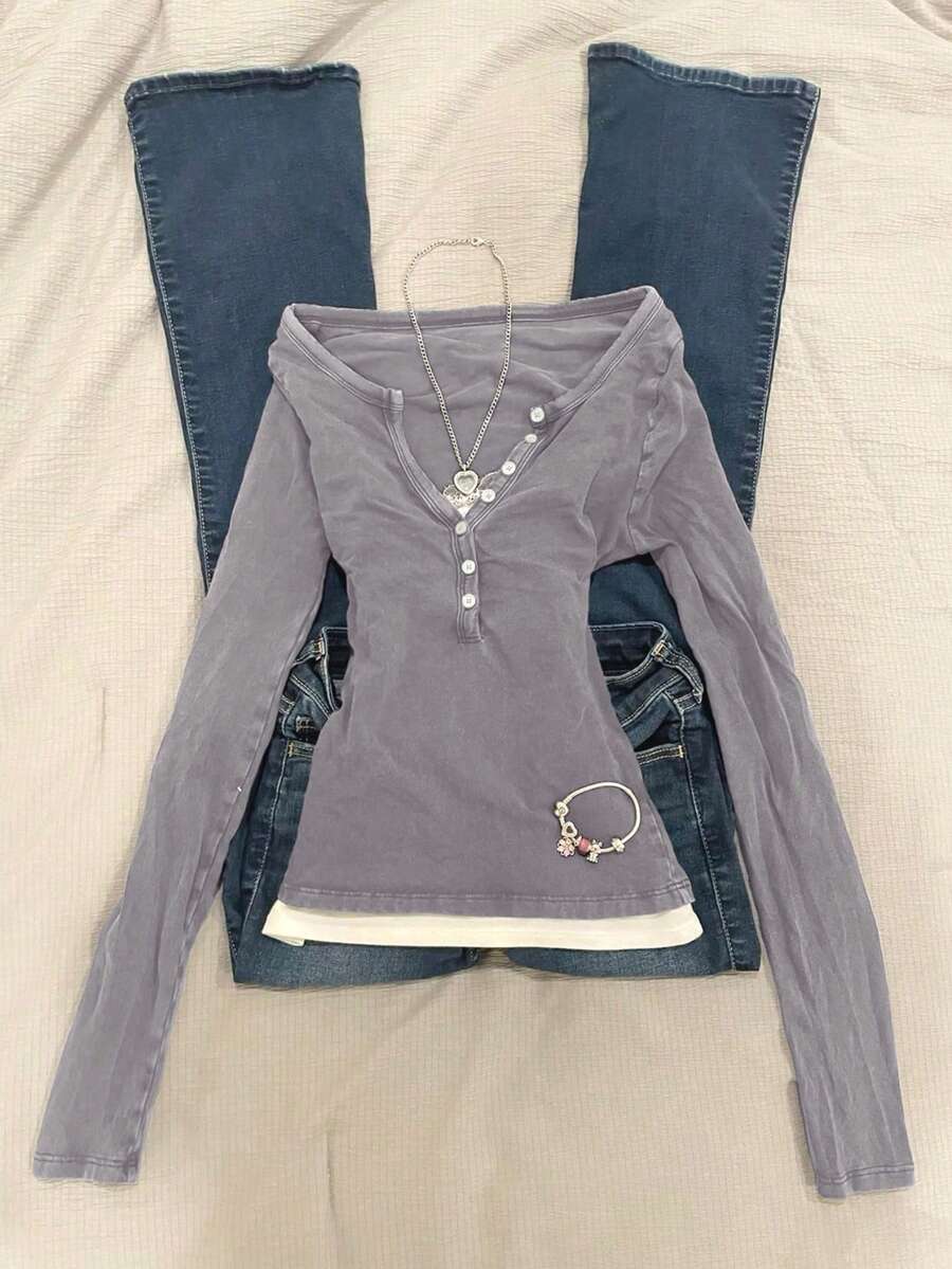 Glimmora 1件女士修身长袖二合一T恤 - 淺灰紫 - 查看 1