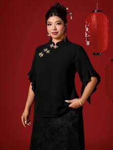 Elenzga 女士加大码黑色常规长度半袖衬衫，饰有中国式盘扣 - 黑色 - 查看 7