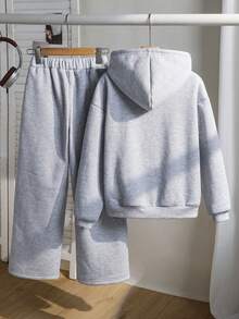 SHEIN Bộ áo hoodie in họa tiết hoa và hình bóng tối giản giản dị dành cho bé gái và quần ống rộng cạp chun, dáng rộng, thoải mái và đa năng, thích hợp cho mùa thu, xuân, đông, mặc hàng ngày, đi làm, ngoài trời, thể thao, đi học, dạo phố, tiệc tùng và chụp ảnh - Xám - Xem 2